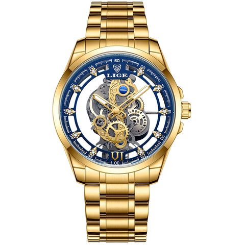 LIGE Fashion Quartz Watches For Men Gold Skeleton Retro Men Watch Top Brand Luxury Sport Waterproof Watch Men Relogios Masculino