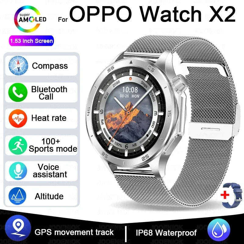 2025 New OPPO X2 Smart Watch Men's GPS Sports IP68 Waterproof Compass Heart Rate Blood Oxygen Bluetooth Call Smartwatches IOS - Wear444