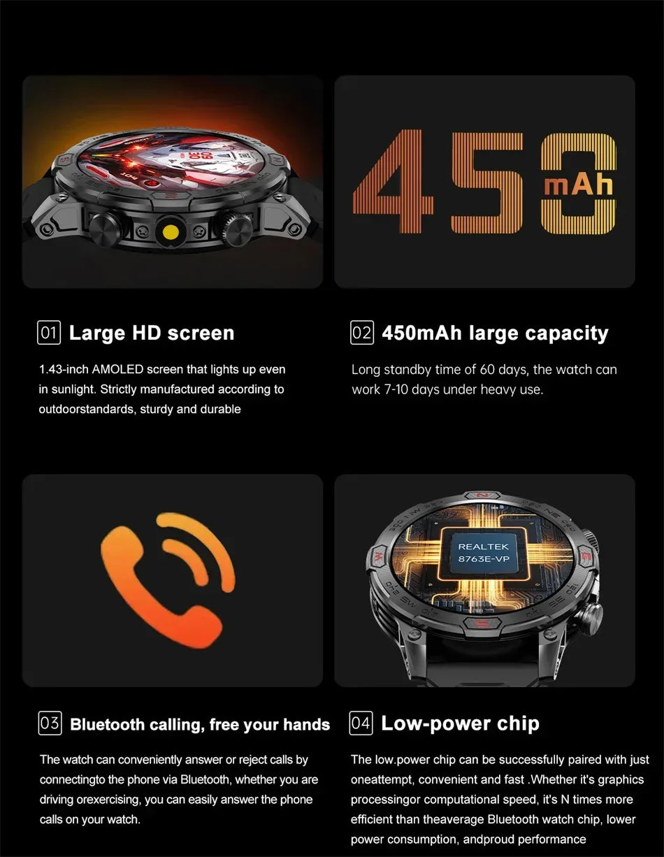 2025New Smart Watch AMOLED Screen GPS Sport Fitness Waterproof LED Lights Compass HD Call Call Smartwatch For Android iOS man - Wear444