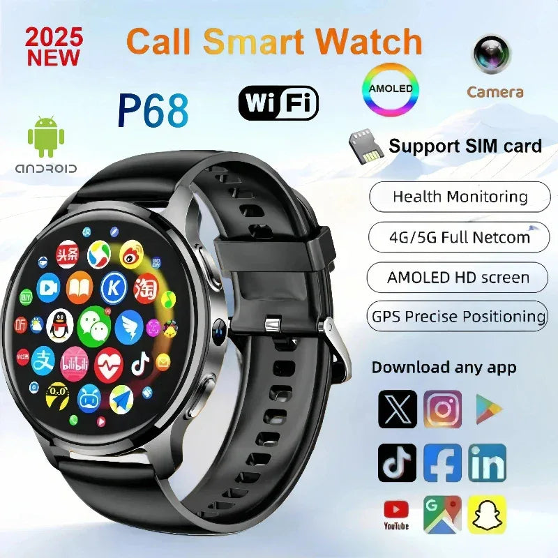 5G Android Smartwatch P68 With Rotary Camera GPS WIFI SIM Card 1.508 inch Amoled Screen 256GB Storage Waterproof Smart Watch Men - Wear444
