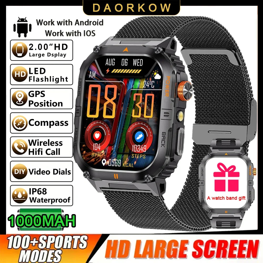 New 1000mAh military outdoor smartwatch for men, LED flashlight, IP68 waterproof, GPS sports, 2.01-inch Bluetooth call smartwatc - Wear444