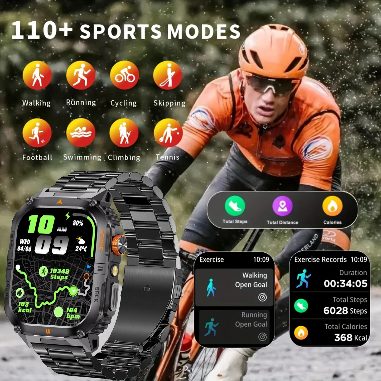New 1000mAh military outdoor smartwatch for men, LED flashlight, IP68 waterproof, GPS sports, 2.01-inch Bluetooth call smartwatc - Wear444