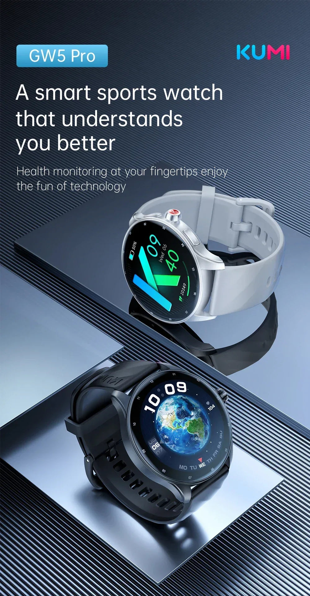 KUMI GW3 Pro Smartwatch 1.43" AMOLED IP68 Waterproof Bluetooth 5.2 Fitness Tracker Heart Rate Blood Oxygen Monitor - Wear444