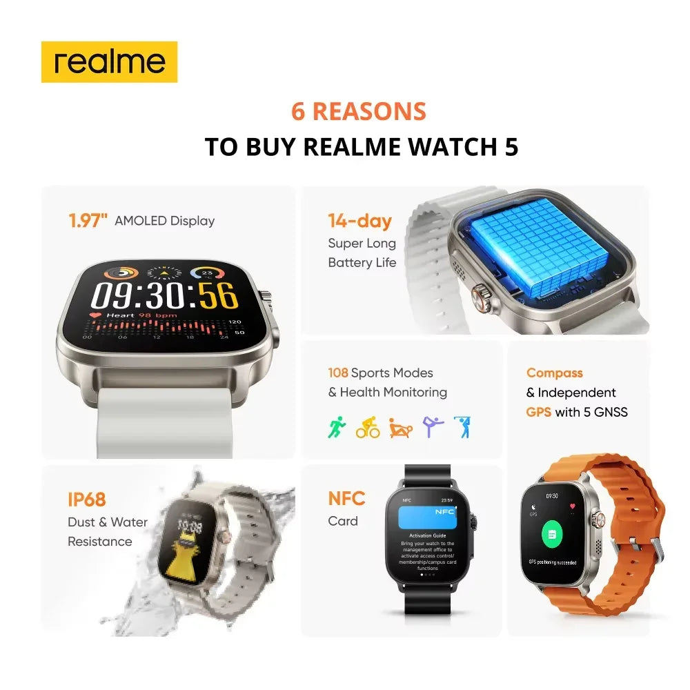 realme Watch 5 Smart Watch 1.97" 2D Flat AMOLED Display Compass & Independent GPS with 5 GNSS 14-day Battery Life NFC Card IP68 - Wear444