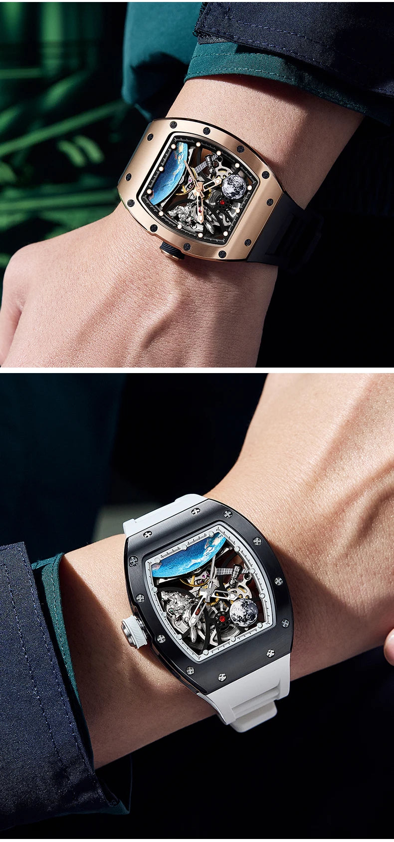 Men's Automatic Watches for Men Fashion Tonneau Mechanical Clock Earth Dial Waterproof Luxury Luminous Skeleton Mens WristWatch