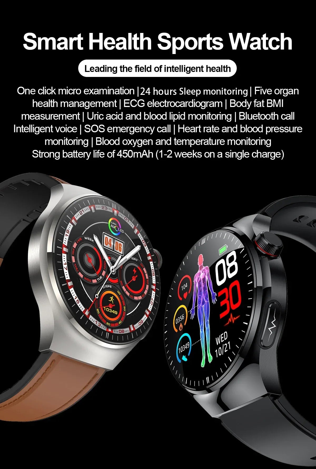 2025 New Nursing Grade Smart Watch Blood oxygen Blood Lipid Uric Acid ECG+PPG Body Temperature Bluetooth Call Health Smartwatch - Wear444