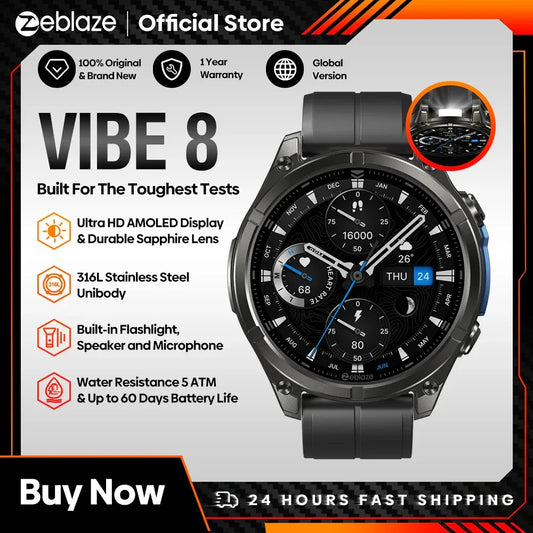 NEW 2025 Zeblaze VIBE 8 Voice Calling 1.43" AMOLED Display Smart Watch Built-in Flashlight Heart Rate Blood Pressure Smart Watch - Wear444