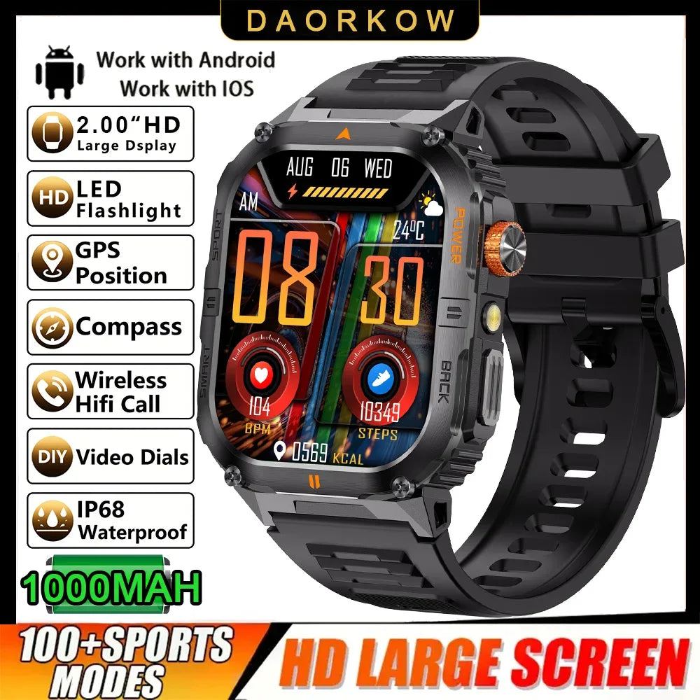 New 1000mAh military outdoor smartwatch for men, LED flashlight, IP68 waterproof, GPS sports, 2.01-inch Bluetooth call smartwatc - Wear444