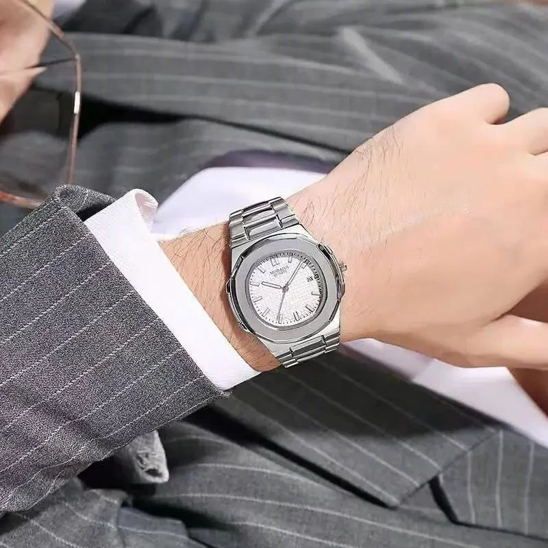 Fashion Luxury Business Square Quartz Watches Classic Stripe Design Dial with Stainless Steel Band Wristwatch for Men