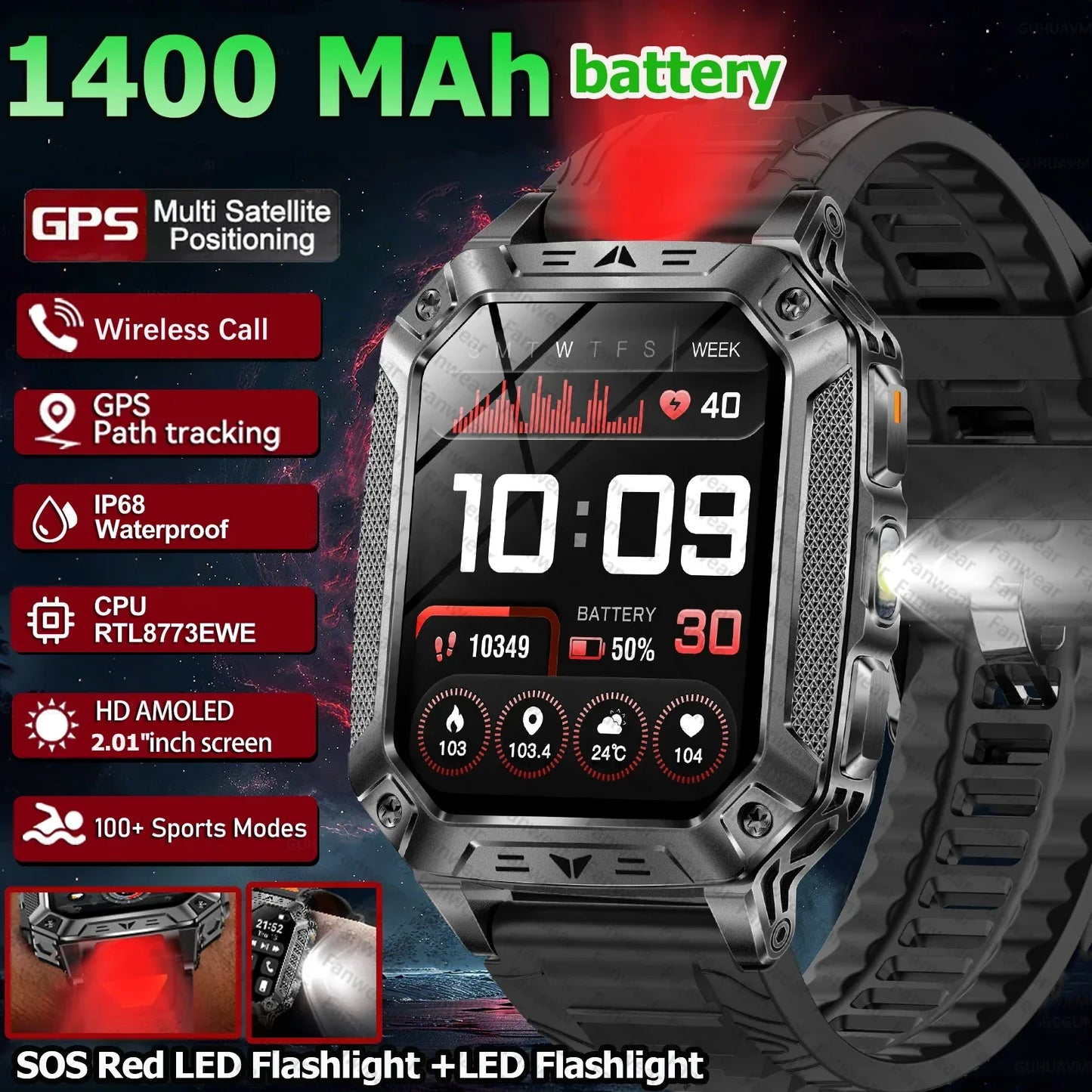 Robust military smart watch 1400Mah battery fitness tracking 10ATM waterproof tactical sports flashlight men's phone watch - Wear444