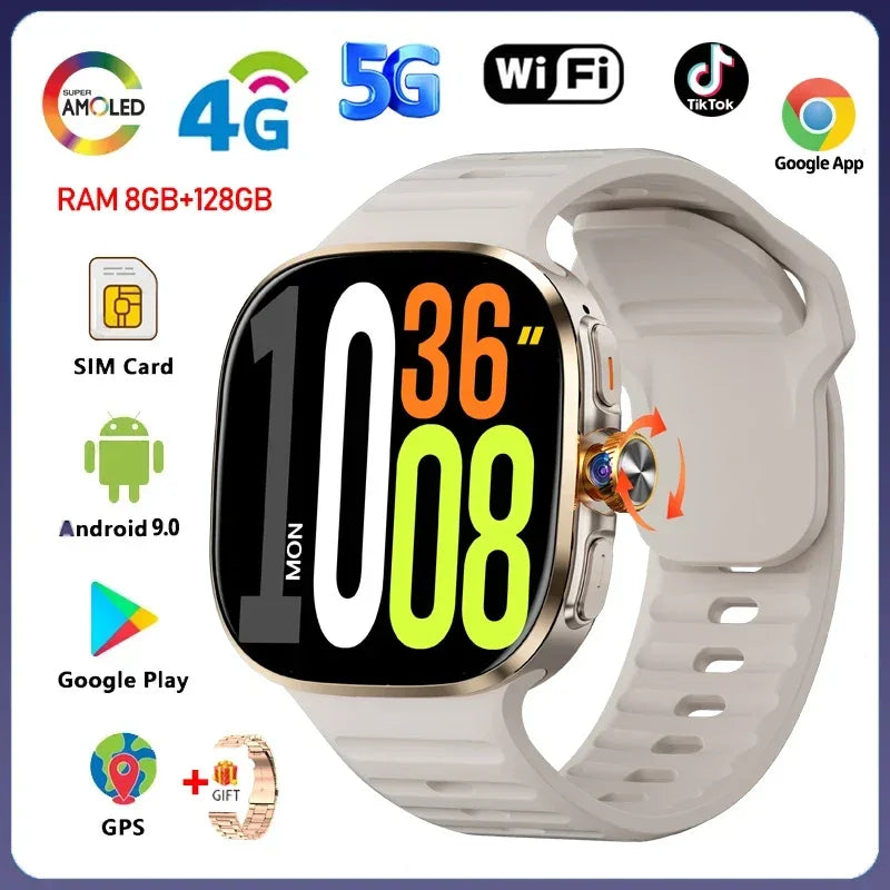5G/4G Full Network Smart Watch 2.40 inch Big Screen HD Video Call 8GB+128GB RAM 2100mAh Google Play WIFI GPS Sim Card Smartwatch - Wear444