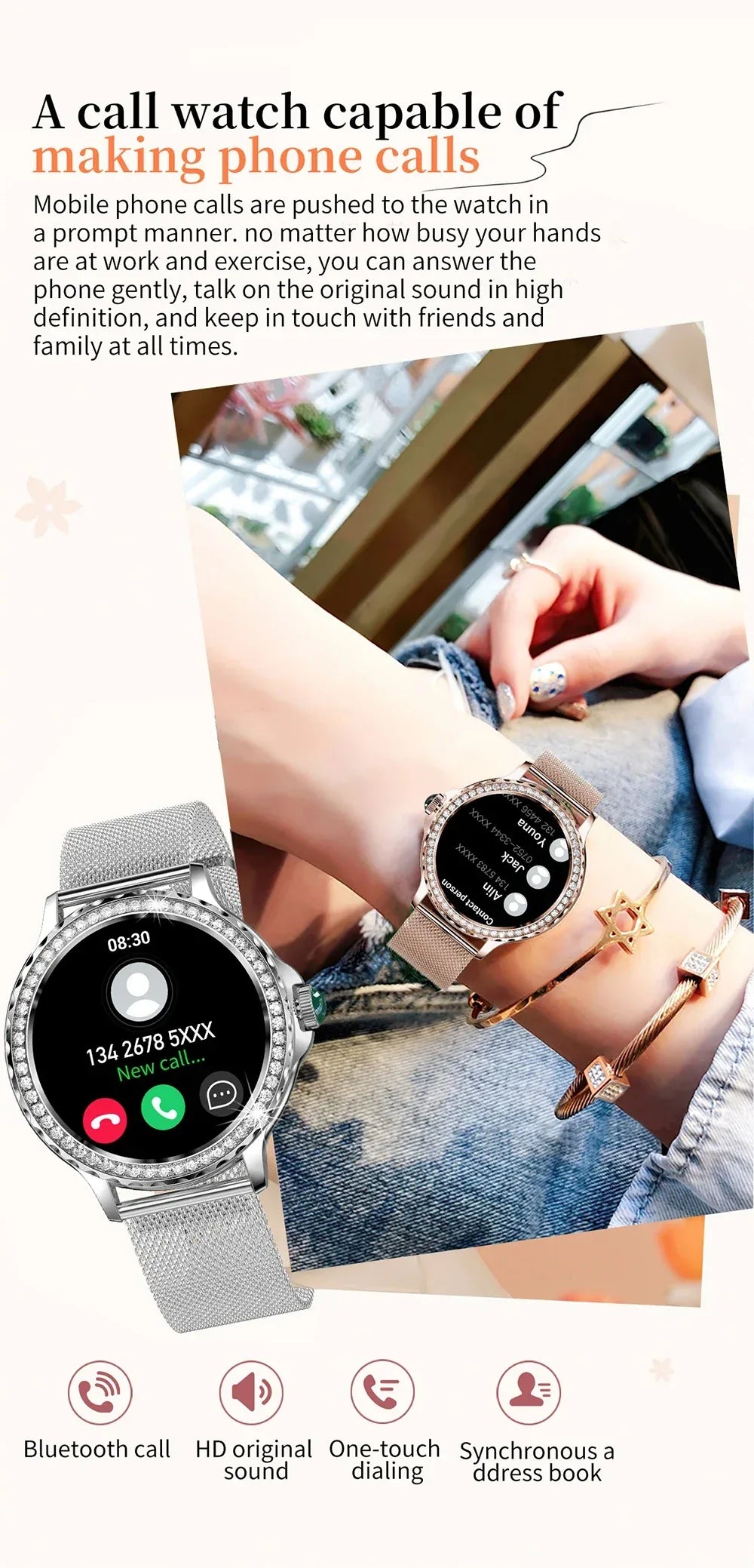 MEVADEN Rose Gold Smart Watch Bluetooth Call Lady 100+ Sports Mode Fitness Health Monitor Women Smartwatch for IOS Android NX19 - Wear444