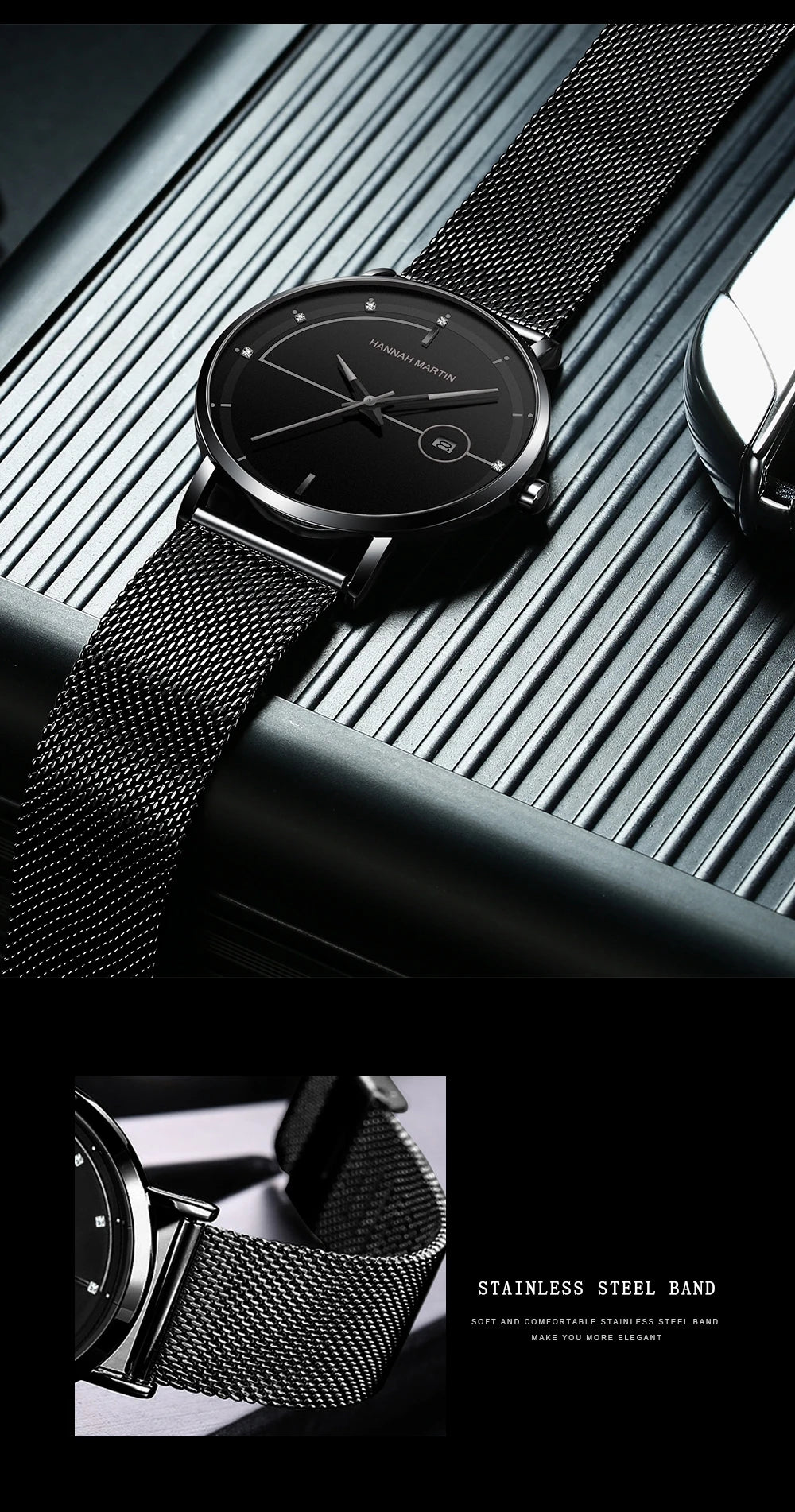 Top Men Quartz Watch With Japanese Movement Simple Blue Black Stainless Steel Mesh Belt Waterproof Travel Fashion Men Wristwatch