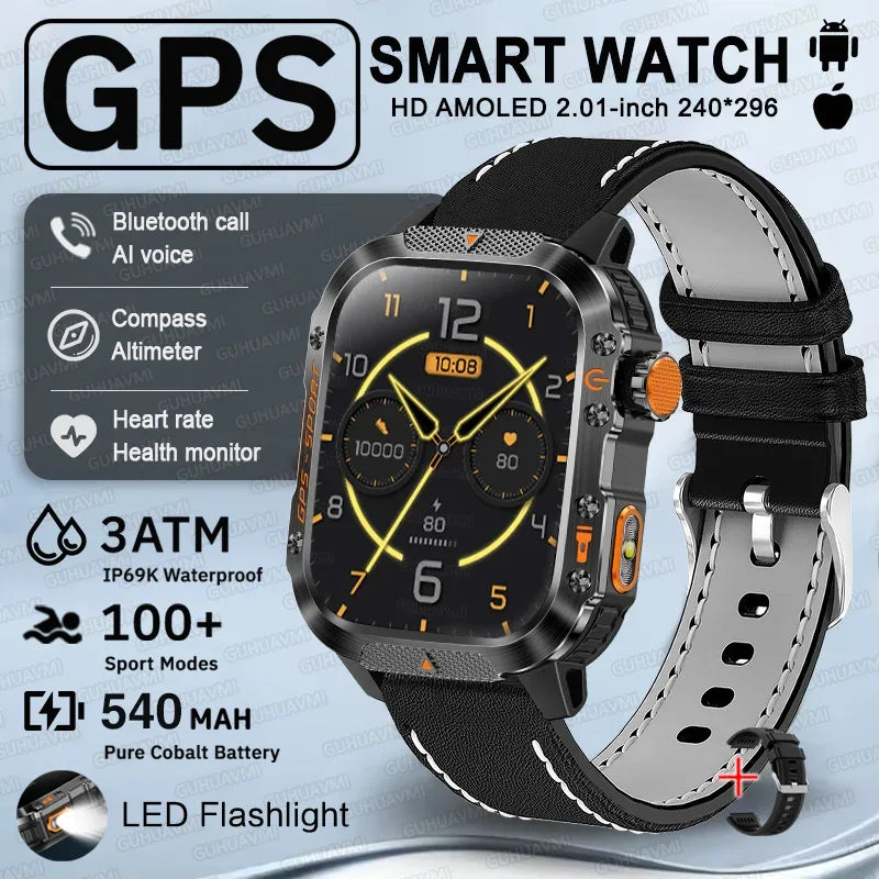 2025 New GPS Military Outdoor Sports Smart Watch Men 2.01-inch AMOLED 3ATM IP69K Waterproof Compass Call Swim Fitness Smartwatch - Wear444