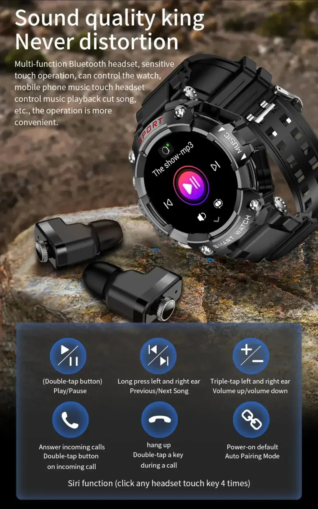 Rainbuvvy T96 TWS Smart Watch Earphone 1.52inch Amoled 3 IN 1 Local Music Player Wireless Headset BT Call Earbuds Smartwatch - Wear444