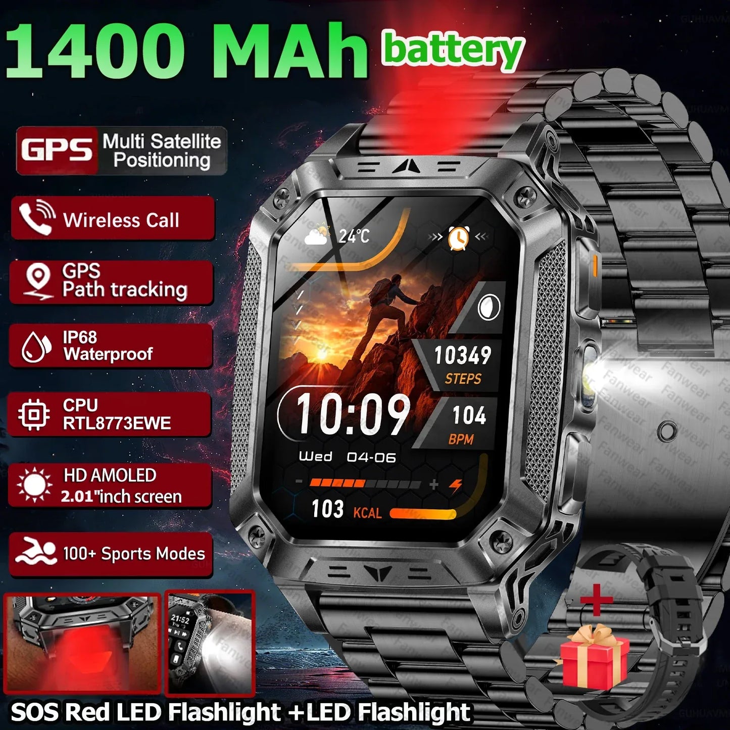 Robust military smart watch 1400Mah battery fitness tracking 10ATM waterproof tactical sports flashlight men's phone watch - Wear444