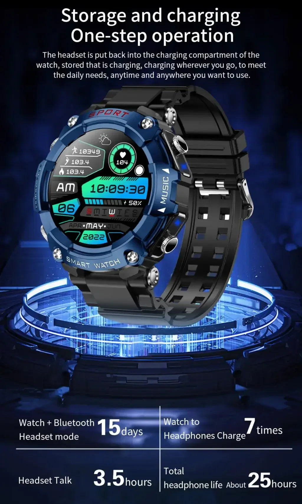 Rainbuvvy T96 TWS Smart Watch Earphone 1.52inch Amoled 3 IN 1 Local Music Player Wireless Headset BT Call Earbuds Smartwatch - Wear444