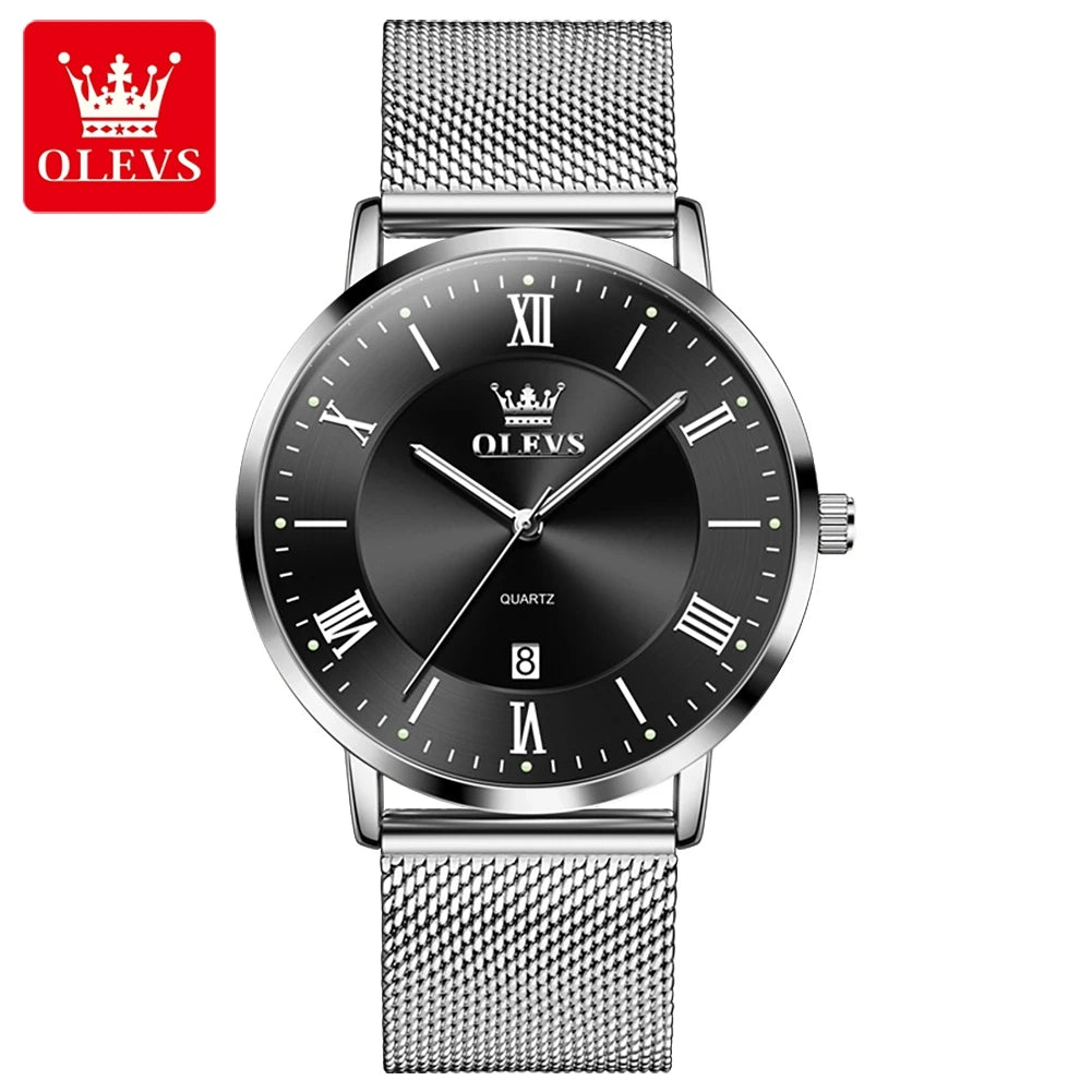 OLEVS Casual Fashion Business Quartz Watches for Men Top Brand Original Stainless Steel Mesh Belt Waterproof Calendar Men Watch
