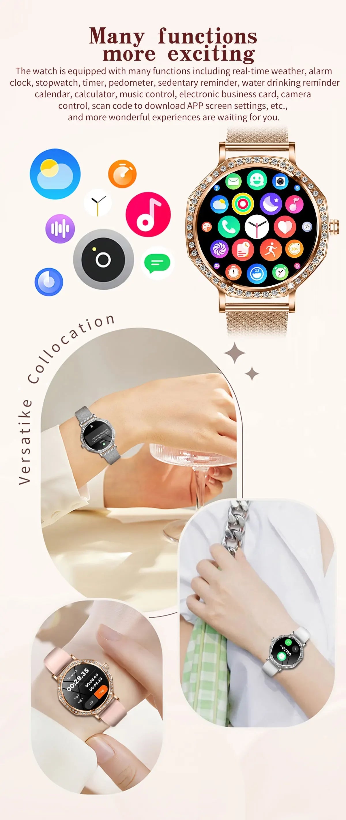 2025 New Ladies' Fashion Smartwatch Diamond Frame HD AMOLED Screen Bluetooth Call Health Monitoring Waterproof Smart Watch Gift - Wear444