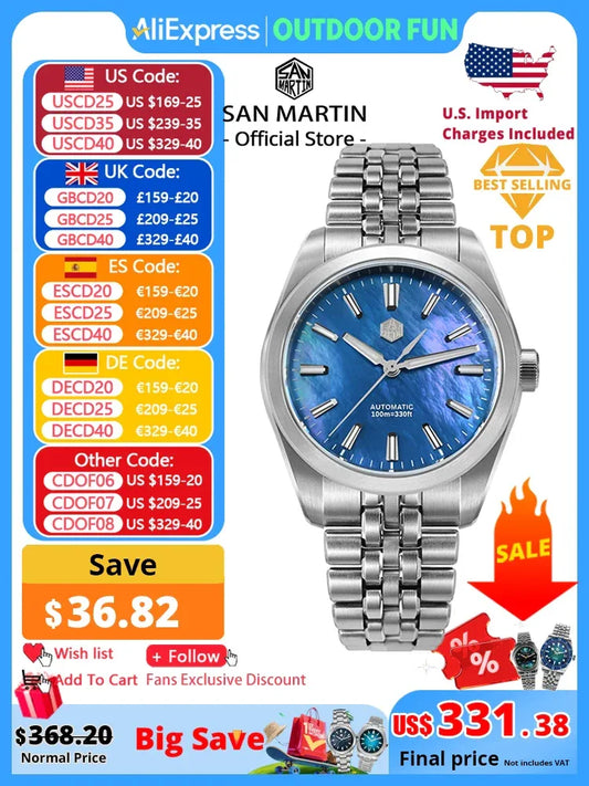 San Martin 39mm MOP Dial Sport Gada Watch Luxury Dress Men Miyota 90S5 Automatic Mechanical Wristwatch Waterproof 100m SN0144