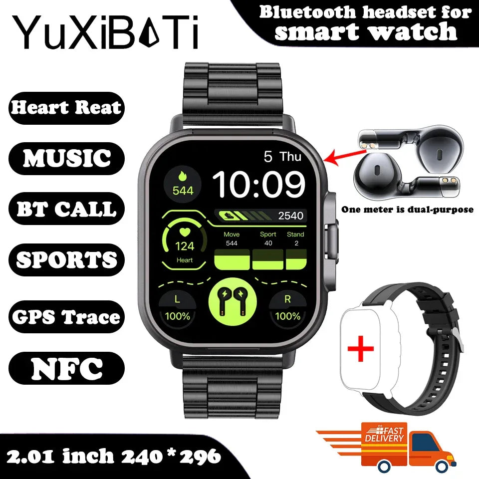 NFC Smart Watch TWS 2-in-1 Headset Bluetooth Call Heart Rate Blood Pressure Health Monitoring Headphones Play Music Smartwatch - Wear444