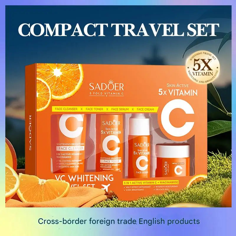 5x Vitamin C Skin Care Product Set Vitamin C Facial Cleanser Toner Essence Cream Portable Skin Care Portable Travel Carrying Set