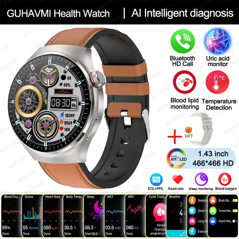 2025 New Nursing Grade Smart Watch Blood oxygen Blood Lipid Uric Acid ECG+PPG Body Temperature Bluetooth Call Health Smartwatch - Wear444