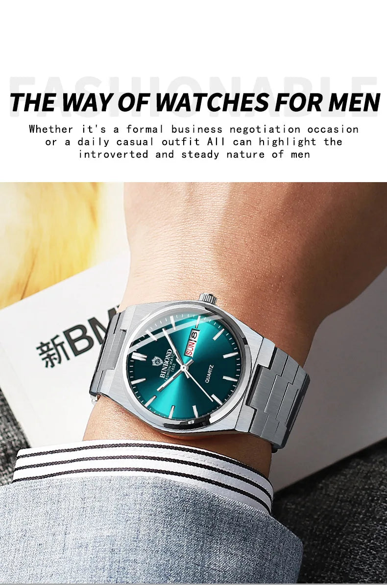 BINBOND Top Brand Luxury Men Quartz Watches Original Watch for Man Waterproof Luminous Date Week Stainless Steel Wristwatch Male
