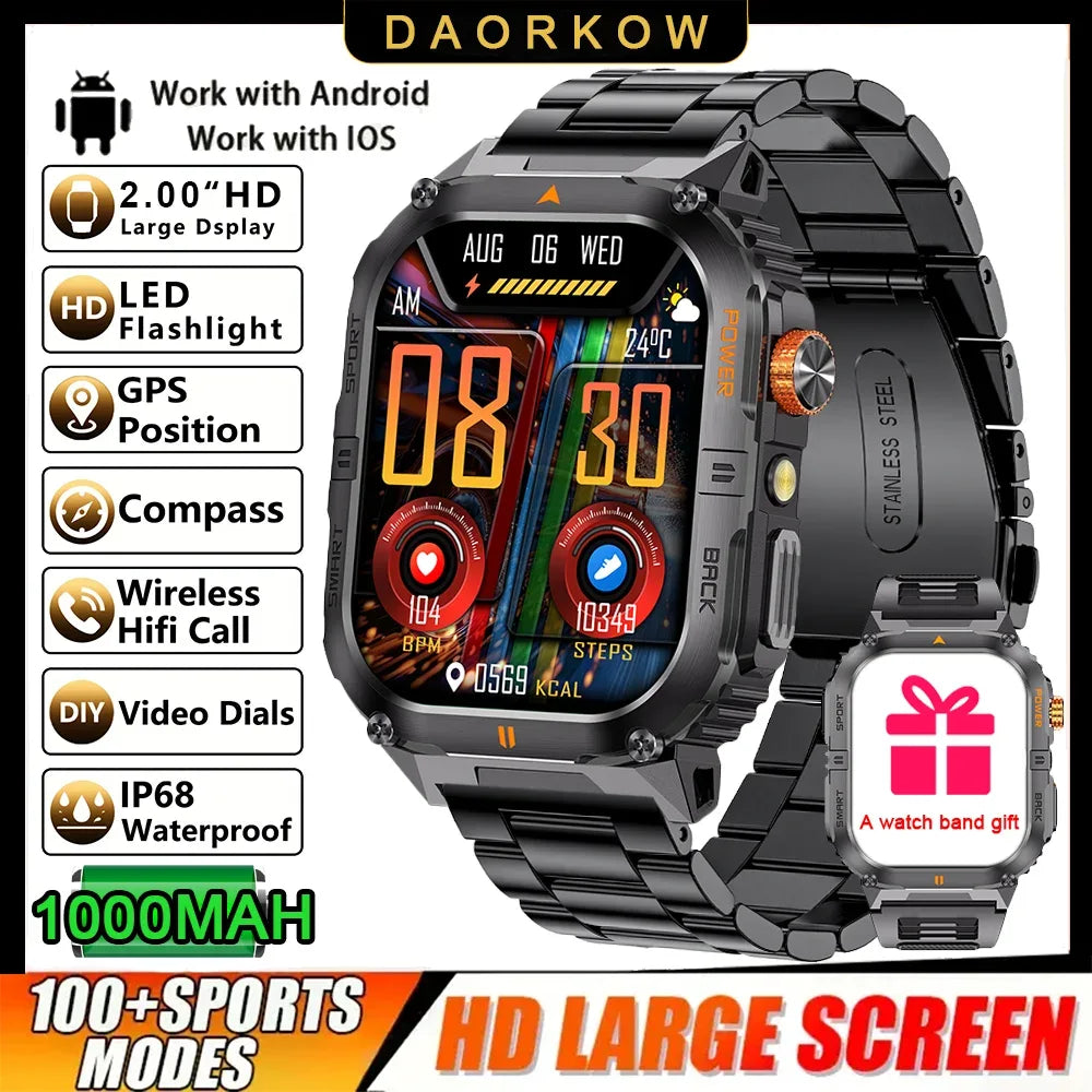 New 1000mAh military outdoor smartwatch for men, LED flashlight, IP68 waterproof, GPS sports, 2.01-inch Bluetooth call smartwatc - Wear444