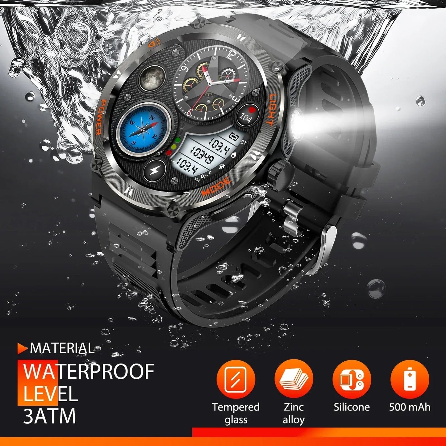 EIGIIS Smart Watch 3ATM Waterproof 1.53" KT76 Men Sport With Compass And LED Flashlight Heart Rate Sleep Analysis Bluetooth Call - Wear444