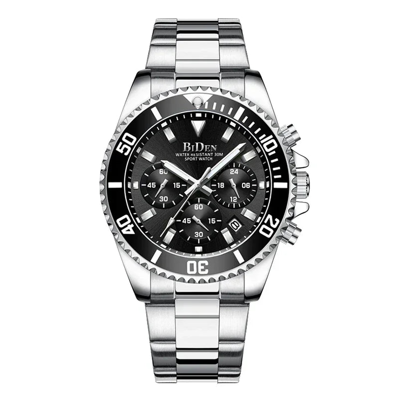 BIDEN Mens Chronograph Stainless Steel Strap Waterproof Date Quartz Watch, Business Casual Wrist Watches