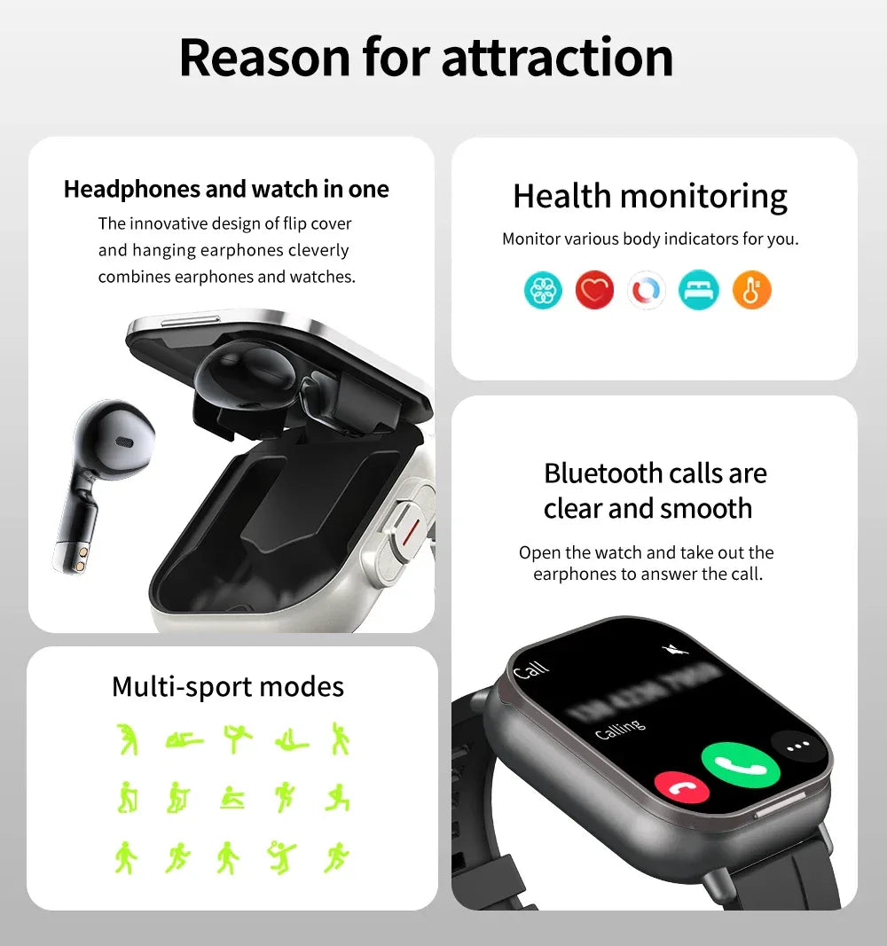 NFC Smart Watch TWS 2-in-1 Headset Bluetooth Call Heart Rate Blood Pressure Health Monitoring Headphones Play Music Smartwatch - Wear444