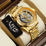 LIGE Fashion Quartz Watches For Men Gold Skeleton Retro Men Watch Top Brand Luxury Sport Waterproof Watch Men Relogios Masculino