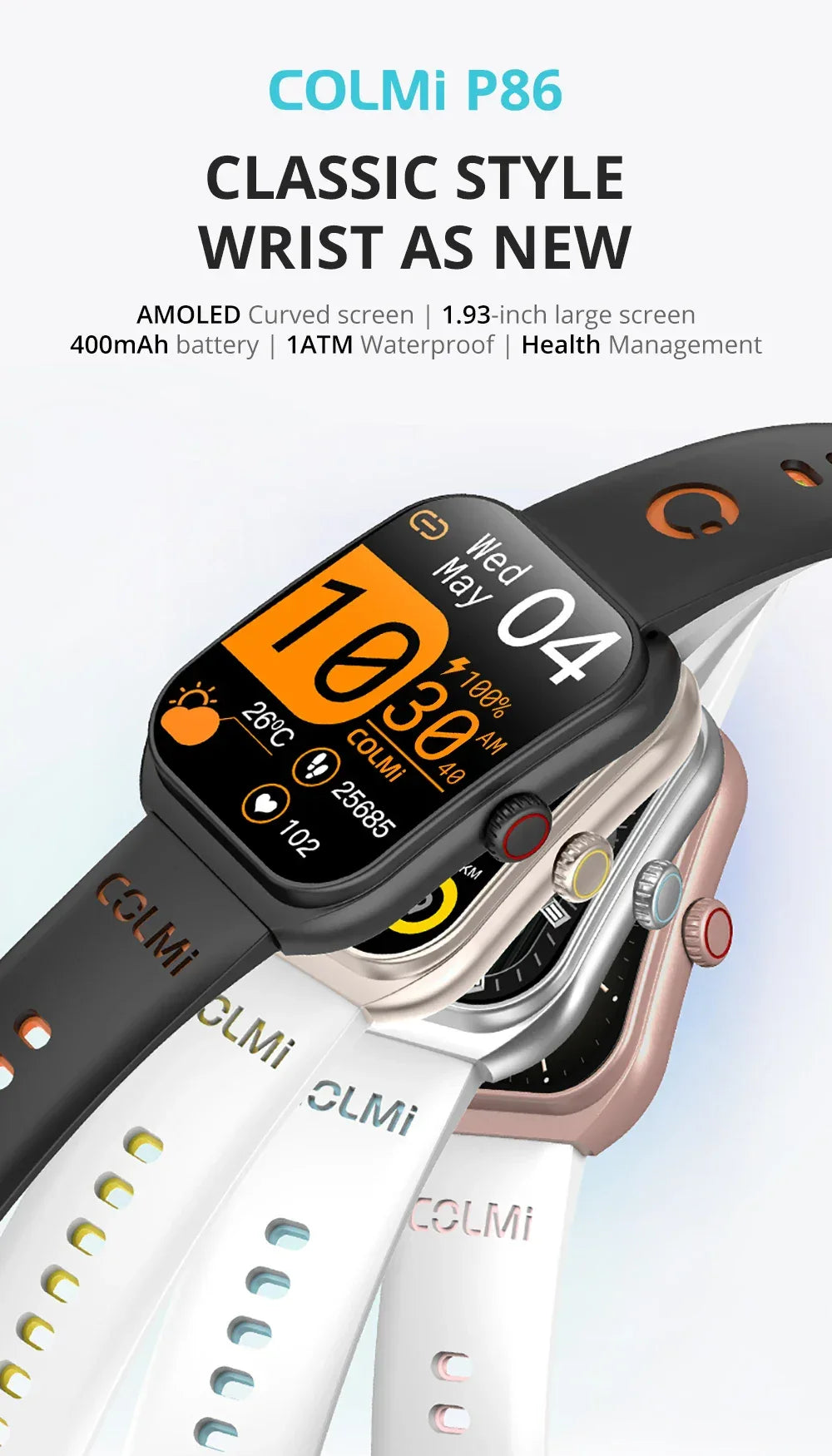 COLMI P86 1.93" AMOLED Smartwatch Men Health Manager Bluetooth Call IP68 Waterproof Smart Watch Women For Xiaomi iOS Phone - Wear444
