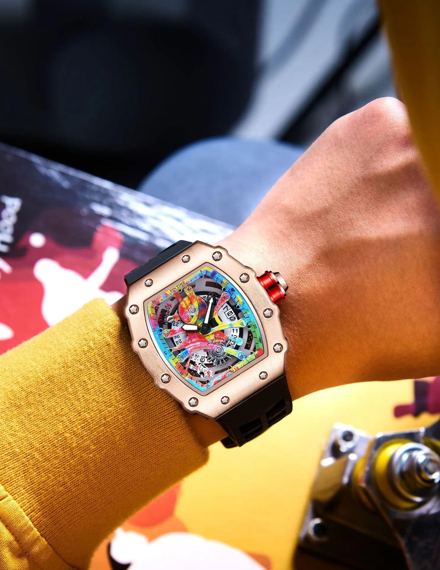 Fashion Mechanical Man Watches Classic Colorful RM Desgin Automatic Visable Wristwatch Causal Men Watch Rubber Strap Belt