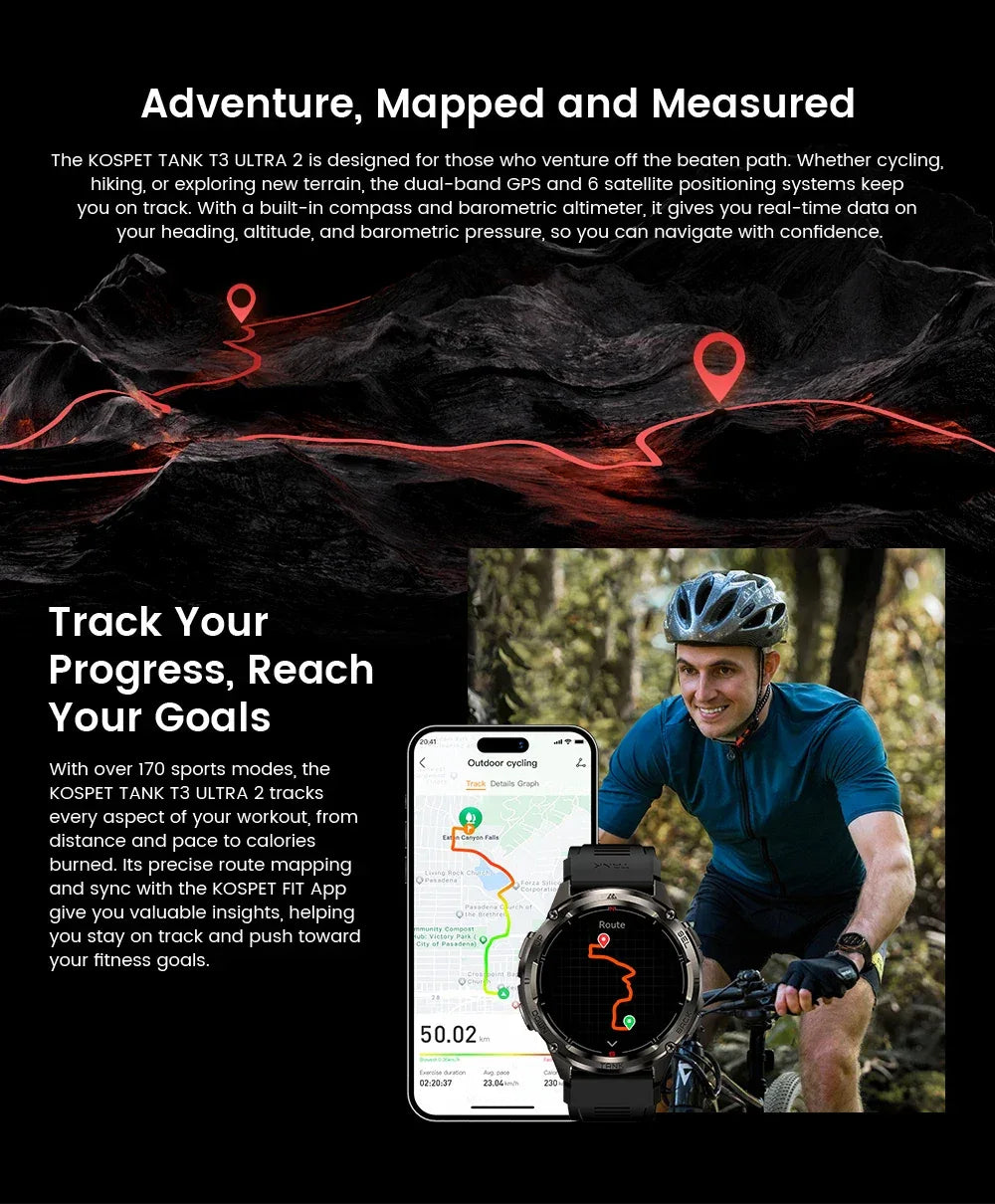 KOSPET TANK T3 Ultra 2 GPS Smart Watch for Men Bluetooth Call 5ATM IP69K Waterproof Men's Watch Stainless Steel Health Monitor - Wear444