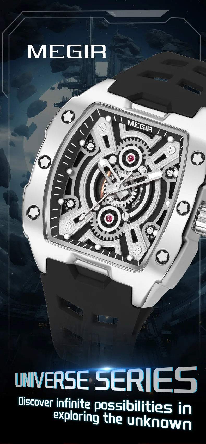 MEGIR Fashion Sport Quartz Watch for Men Tonneau Case Waterproof Luminous Hands Wristwatch with Silicone Strap Hollowed-out Dial