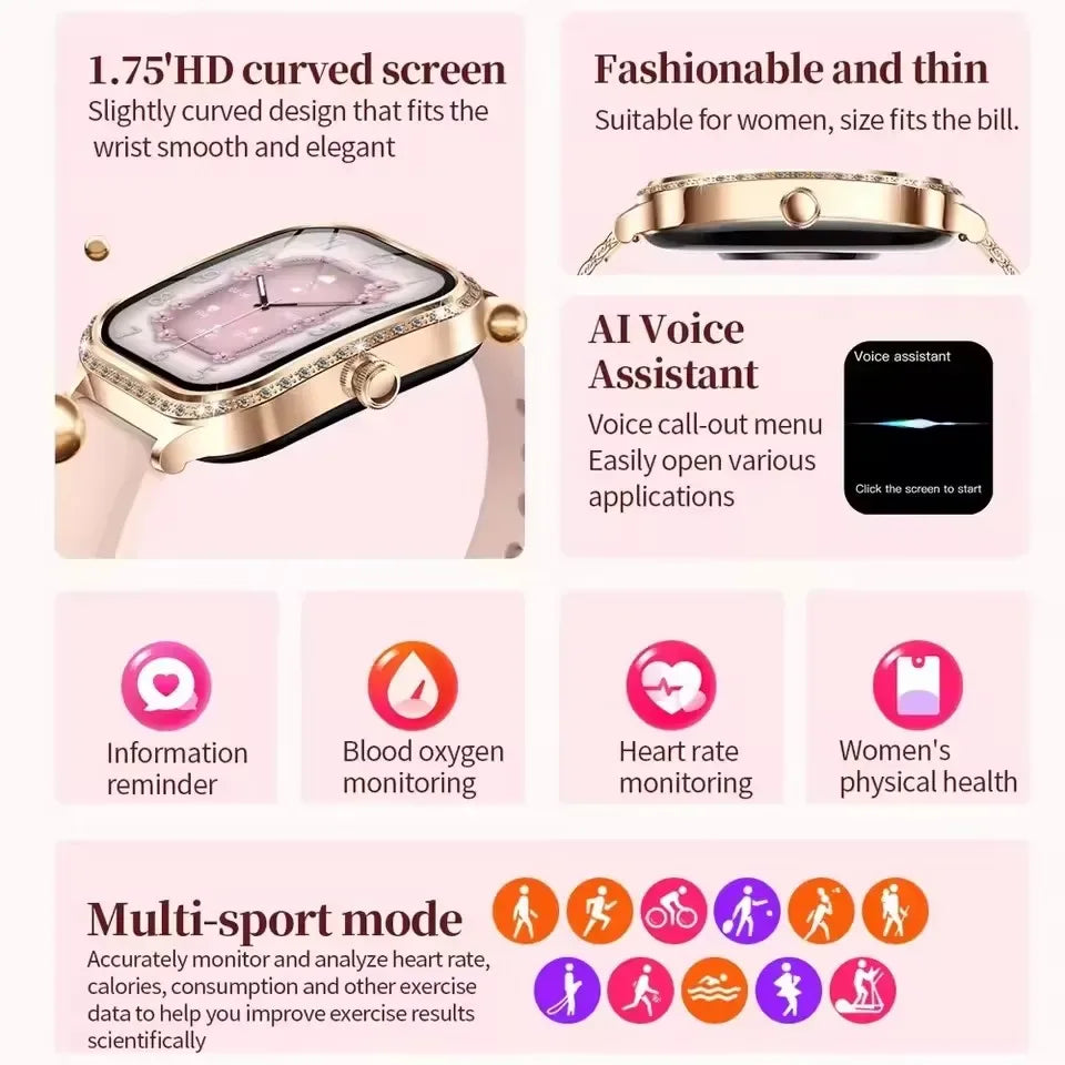 2026New Women Fashion Smartwatch HD Curved Screen Female Menstrual Tracking Waterproof Sports Fitness Bluetooth Call Smart Watch - Wear444