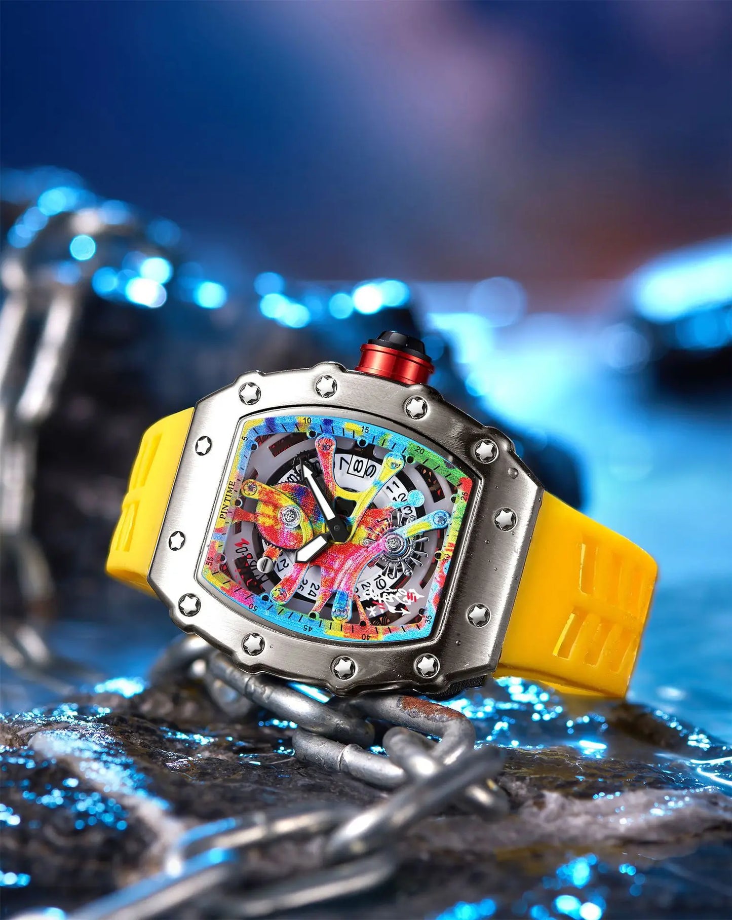 Fashion Mechanical Man Watches Classic Colorful RM Desgin Automatic Visable Wristwatch Causal Men Watch Rubber Strap Belt