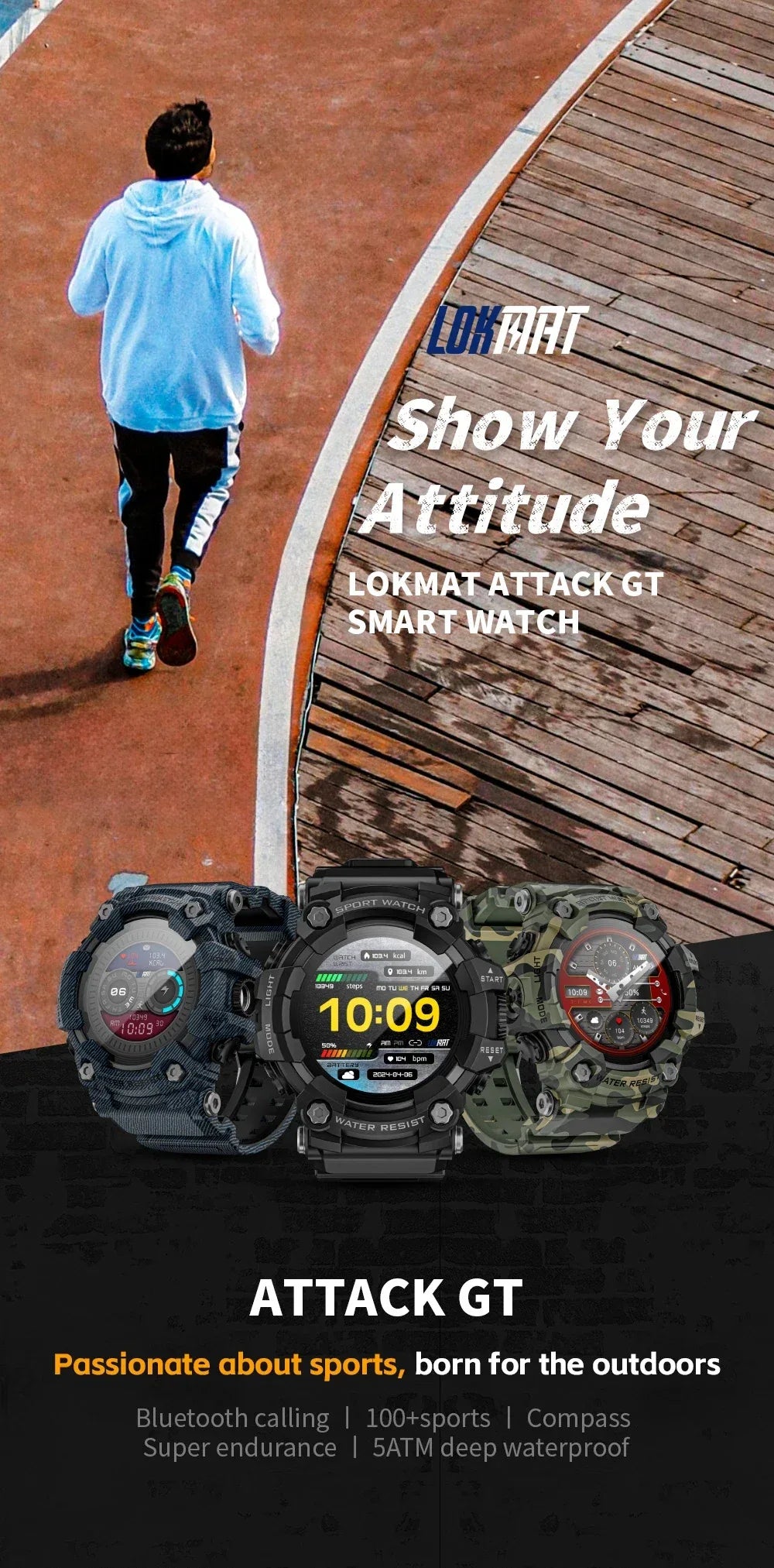 LOKMAT ATTACK-GT Upgrade Sport Smart Watch Waterproof Bluetooth Calls Rugged Smartwatches Flashlight Fitness Tracker for Phone - Wear444