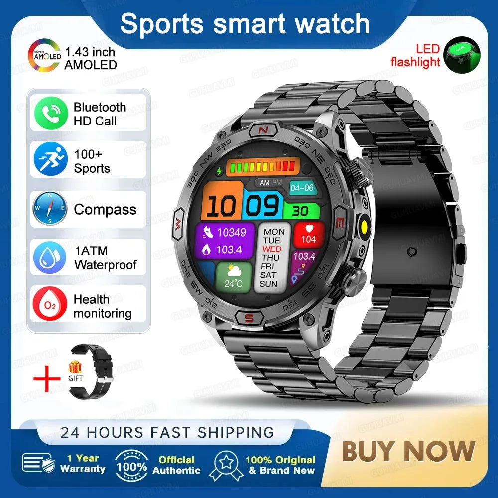 2025New Smart Watch AMOLED Screen GPS Sport Fitness Waterproof LED Lights Compass HD Call Call Smartwatch For Android iOS man - Wear444