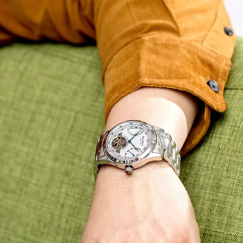 Seagull mechanical watch dial close-up flywheel display — Wear444