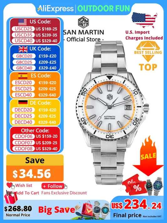 San Martin 2025 New Enamel Dial Full Luminous 39mm Dive Watch Luxury Men Watch NH35 Automatic Mechanical Waterproof 200m SN0129