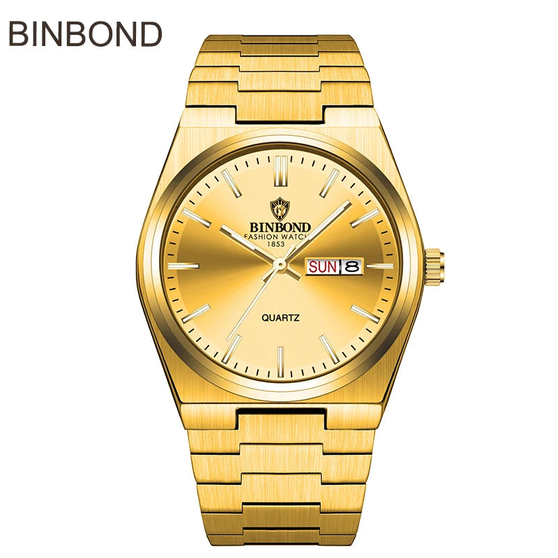 BINBOND Top Brand Luxury Men Quartz Watches Original Watch for Man Waterproof Luminous Date Week Stainless Steel Wristwatch Male