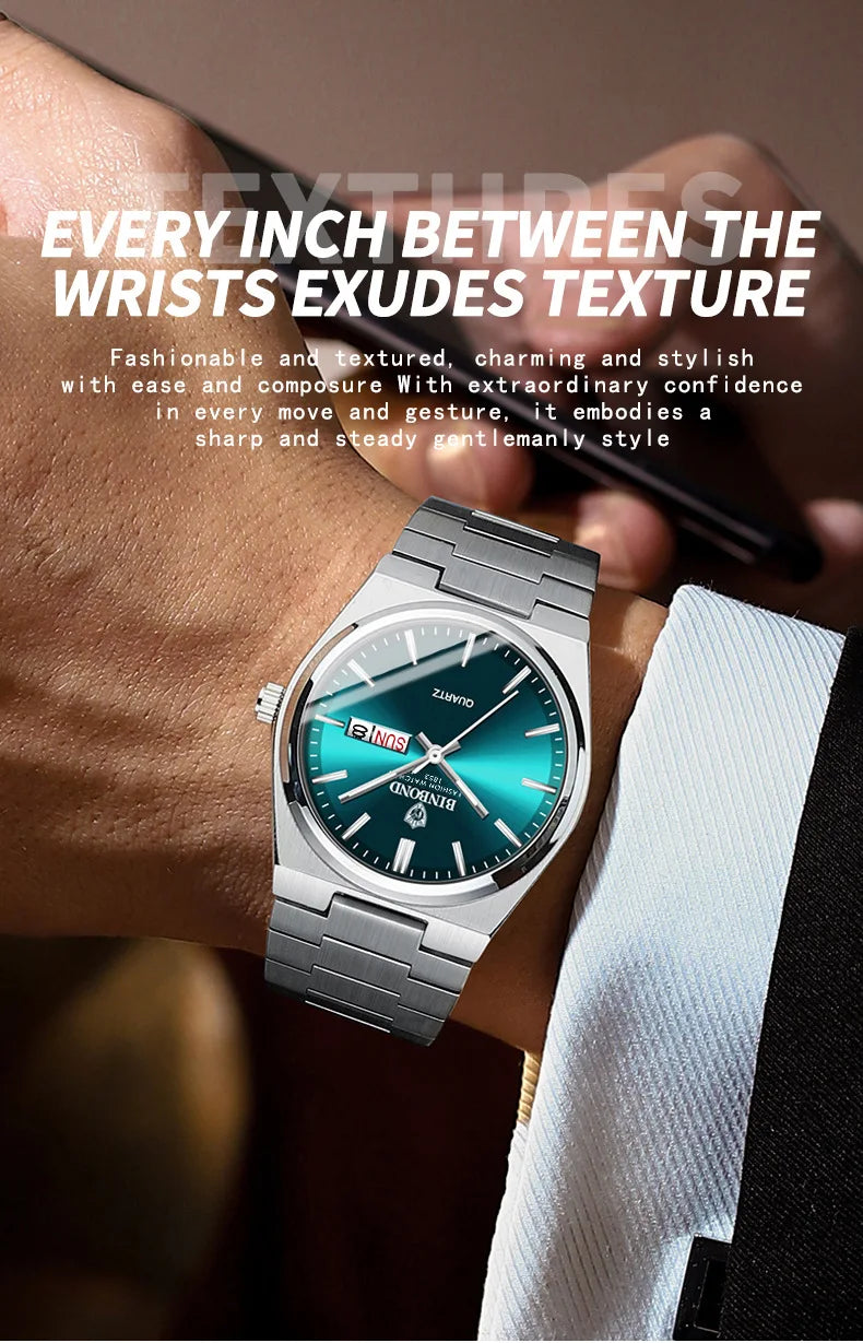 BINBOND Top Brand Luxury Men Quartz Watches Original Watch for Man Waterproof Luminous Date Week Stainless Steel Wristwatch Male