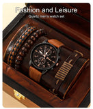 New Men Watch Luxury Bracelet Set Fashion Business Brown Leather Quartz Wrist Watches for Men Gift Set Relogio Masculino