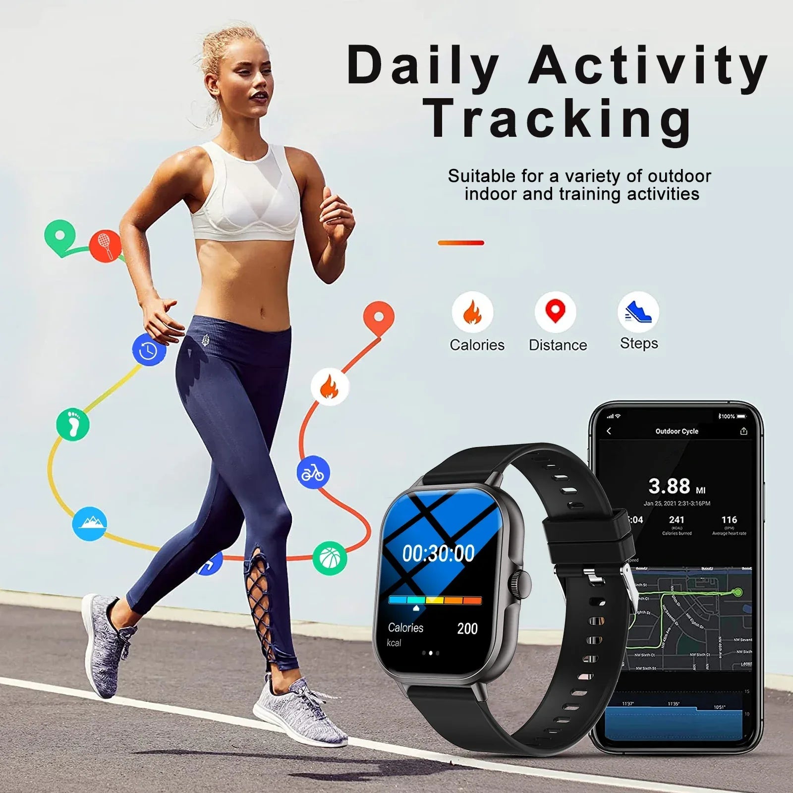 Outdoor sports smartwatch, wireless calling, information reminder, men's and women's multifunctional sports watch - Wear444
