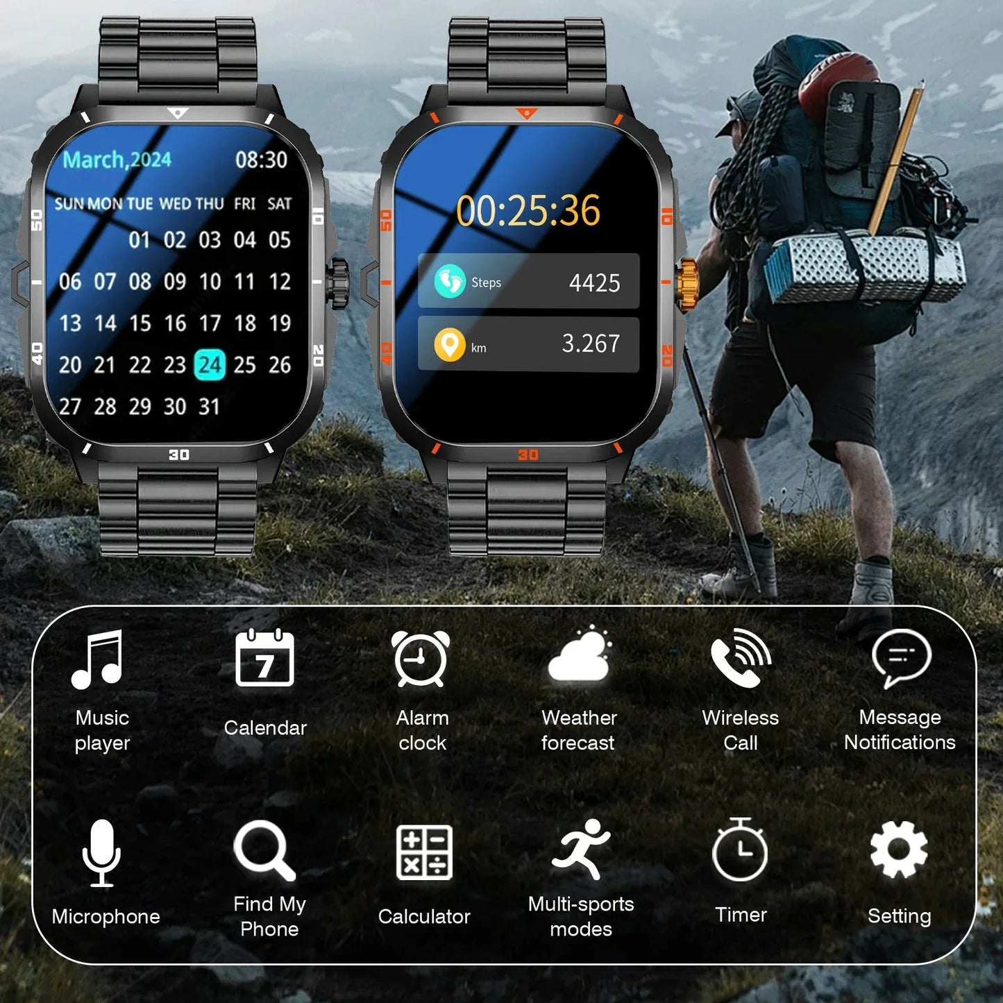 Smart watch, full touchscreen sports watch, Bluetooth calling, with flashlight, unisex, compatible with Android and iPhone. - Wear444