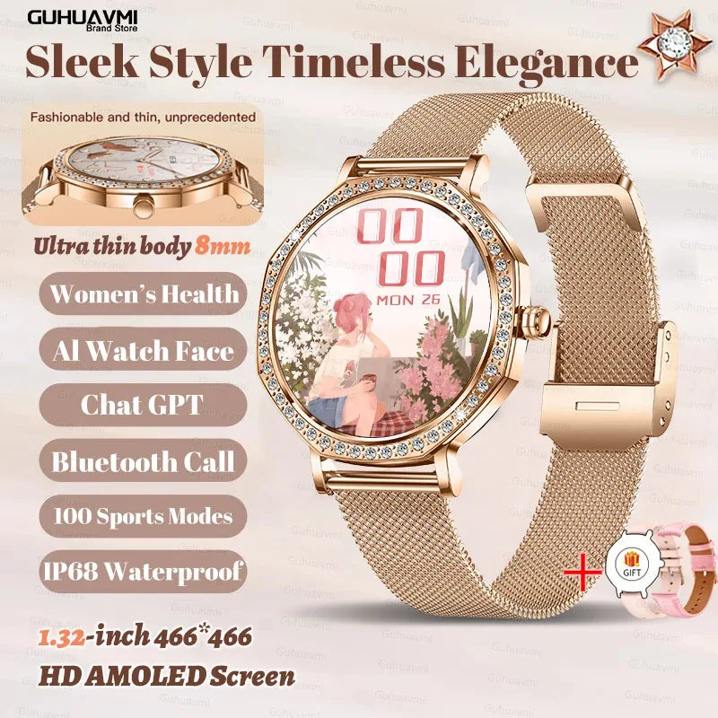 2025 New Ladies' Fashion Smartwatch Diamond Frame HD AMOLED Screen Bluetooth Call Health Monitoring Waterproof Smart Watch Gift - Wear444