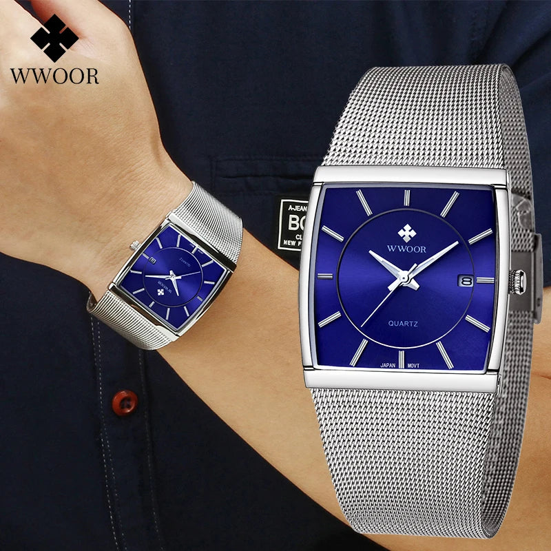 WWOOR 2024 Fashion Men Watch Full Steel Mesh Belt Waterproof Men Clock Luxury Watch For Men Quartz Sport Wristwatch Reloj Hombre